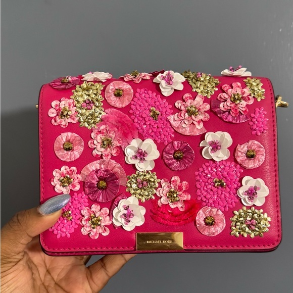 Michael Kors Handbags - Michael‎ Kors Fuchsia Floral Jade Gusset Leather Crossbody Bag